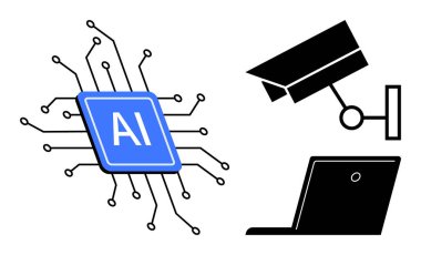 Yapay zeka, siber güvenlik, gözetleme, veri gizliliği, otomasyon, gelişmiş teknoloji. Devreli yapay zeka çipi, güvenlik kamerası ve laptop. Yapay zeka ve siber güvenlik