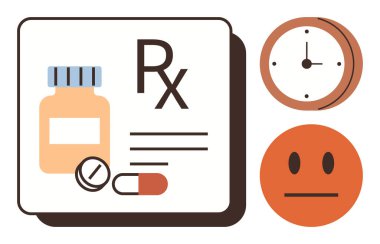 Medicine bottle, pills, prescription label, clock symbolizing schedule, neutral face. Ideal for healthcare, time management, wellness, mental health treatment adherence reminders simple flat
