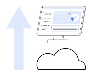 Bulut depolama, veri analizi, çevrimiçi hizmetler, dosya paylaşımı, dijital dönüşüm, teknoloji. Analizli bir monitör ve yükleme okunun yanında bir bulut simgesi. Bulut depolama ve veri analizleri