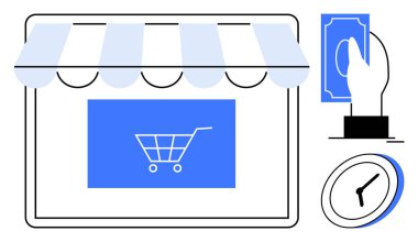 E-ticaret, online alışveriş, dijital perakende, ödeme yöntemleri, zaman yönetimi, ticari işlemler. Bir dükkan ikonu, alışveriş arabası ve saati olan bir adam. E-ticaret ve çevrimiçi alışveriş teması