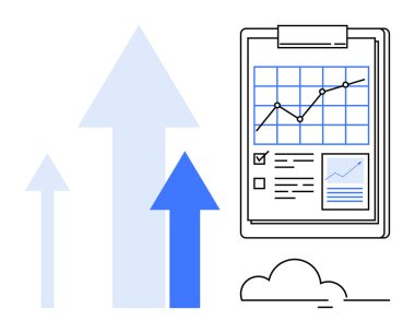 İş analizi, finansal başarı, veri eğilimleri, büyüme stratejisi, performans takibi, raporlama araçları. Dosyalar ve grafiklerle yükselen oklar. İş analizi ve mali başarı