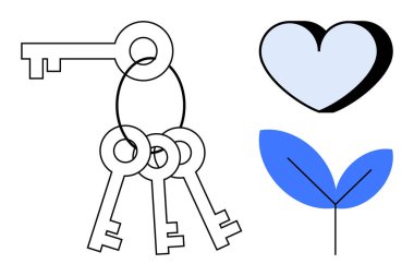 Güvenlik, aşk, büyüme, ilişkiler, doğa, koruma. Bir kalp ve bitkinin yanında anahtarlar. Güvenlik ve aşk kavramı minimalist dizaynda yakalanmıştır.