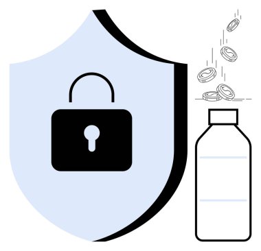 Finansal güvenlik, tasarruflar, veri koruması, bütçe, sigorta, siber güvenlik. Kilitli ve bozuk paraların şişeye düştüğü bir kalkan. Mali güvenlik ve tasarruf kavramı