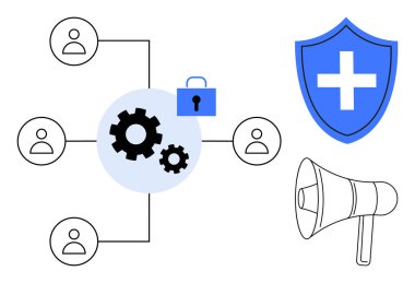 Siber güvenlik, sağlık verileri, bilişim sistemleri, iletişim, takım çalışması, dijital koruma. Bağlı kullanıcı simgeleri, dişliler kalkanı ve megafonu kilitliyor. Siber güvenlik ve sağlık veri koruma kavramı