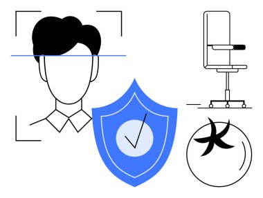 Biyometrik kimlik, siber güvenlik, kimlik doğrulama, iş güvenliği, kimlik doğrulama, dijital koruma. Yüz taraması, işaretli ofis sandalyeli kalkan ve soyut tasarım. Biyometrik Kimlik