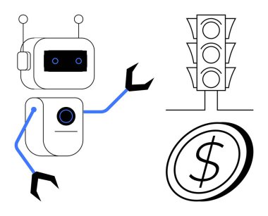 Otomasyon, robot bilimi, ekonomik verimlilik, karar verme mekanizması, akıllı ulaşım, teknoloji yeniliği. Bir robot, bir trafik ışığı ve minimalist tarzda bir dolar para. Otomasyon ve ekonomi