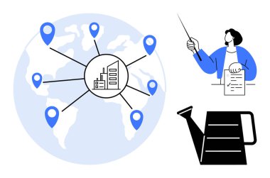 Merkezi bir binaya bağlanan konum noktalarının haritası, bir işaretçiyle sunulan kişi ve sulama kutusu. Ticari büyüme için ideal, küresel strateji, eğitim, arz zinciri, yatırım