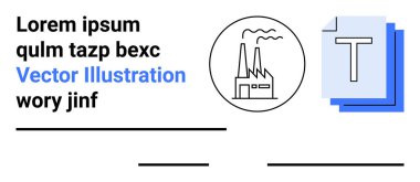 Sanayi, fabrika süreçleri, grafik tasarımı, minimalizm, şablonlar, markalaşma. Katmanlı mavi metin bloklarının yanında siyah fabrika simgesi. Sanayi ve grafik tasarım kavramı