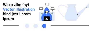 Kapüşonlu bir bilgisayar korsanı uyarı işareti kullanıyor, ağda birden fazla aygıt var, mavi sulama kutusu var. Teknoloji, siber güvenlik, internet güvenliği, uzak çalışma, yapay zeka, eğitim için ideal