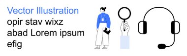 Müşteri hizmetleri, takım çalışması, uzaktan çalışma, iletişim, arama, destek araçları. Elinde klasör, kulaklık ve büyüteç olan biri. Müşteri hizmetleri ve iletişim kavramları