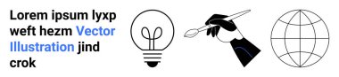 Yaratıcılık, küresel bağlantı, yenilik, tasarım, sürdürülebilirlik, sanat. Boya fırçası, ampul ve küre tutan bir el. Yaratıcılık ve küresel bağlantı görsel olarak