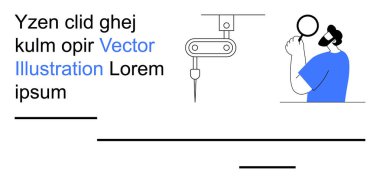 Otomasyon, robot bilimi, kalite kontrolü, yenilik, teftiş süreci, araştırma. Makineler ve elinde büyüteç tutan bir kişi temiz bir şekilde. Robot bilimi ve kalite kontrolü