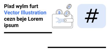 Cüzdan, bir üstveri etiketi sembolünün yanında dijital sikkeler yayıyor. Kripto para birimi, finans, engelleme zinciri, dijital ödemeler, fintech, sosyal medya, teknoloji, basit iniş sayfası için ideal