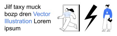 Teknoloji, dijital dönüşüm, yenilik, iletişim, mobil tasarım, liderlik. Akıllı telefondan çıkan bir kişi, elinde bir not panosu ve yıldırım tutan ayakta duran bir kadın. Teknoloji