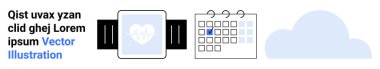 Dijital sağlık, sağlık izleme, programlama, veri depolama, zaman yönetimi, bulut teknolojisi. Kalp ikonu, takvim listesi ve bulut sembollü akıllı seğirme. Sağlık izleme ve planlama