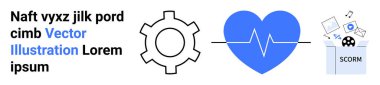 Vites mavi bir kalbe bağlanıyor ve kalp atışları SCORM dosya zarfına yönlendiriyor. Çalışma akışı, sağlık teknisyeni, e-öğrenme, veri paylaşımı, dijital süreçler, otomasyon, basit iniş sayfası için ideal
