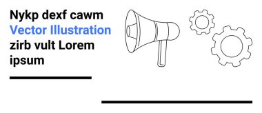 İletişim, iş akışı, takım çalışması, duyuru, strateji, verimlilik. Yanında dişliler olan bir megafon. Açık sembolik elementlerle iletişim ve iş akışı kavramları