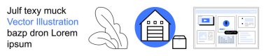 Lojistik, e-ticaret iş akışı, depo yönetimi, online iş, veri görselleştirme, dijital işlemler. Bir depo ikonu ve analitik ekran. E-ticaret iş akışı ve depo yönetimi