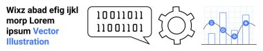 İkili kod konuşma balonu, vites sembolü ve çizgi grafiği olan bar tablosu. Teknoloji, analitik, kodlama, dijital dönüşüm, programlama, makine öğrenme otomasyonu için ideal basit iniş sayfası