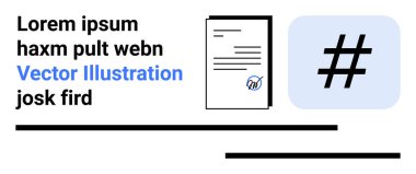 Metin ögeleri, bir belge ve bir üstveri etiketi sembolü sosyal medya kullanımı, içerik oluşturma, dijital iletişim, ağ oluşturma, pazarlama, işbirliği ve basit bir iniş sayfasını vurgular