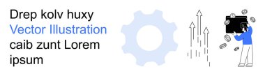 İş geliştirme, ekonomi, finansal planlama, yatırım büyümesi, girişimcilik, verimlilik. Bir vites, yukarı doğru okçu, evrak çantası ve bozuk paralarla. İş geliştirme ve ekonomi