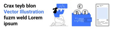 Finansal teknoloji, dijital cüzdanlar, kodlama, uygulama geliştirme, yatırım, kripto para birimi. Kadın kodlayıcı elinde kod tutuyor. Uygulamalı akıllı telefonlu dijital cüzdan. Finansal teknoloji