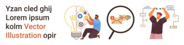 İş yeniliği, süreç yönetimi, iletişim araçları, iş akışı, fikir üretimi, takım çalışması. Vitesli ampul üzerinde çalışan bir adam. Harfleri elinde tutan büyütülmüş bir kadın. İş yeniliği