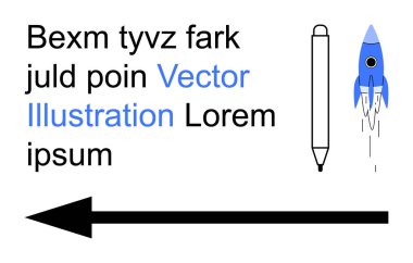 Eğitim, yön, yaratıcılık, tasarım, yazı, yenilik. Roket fırlatılıyor. Kalem kalınlığında ok ve tipografi vektör biçiminde. Yaratıcılık ve eğitim kavramı