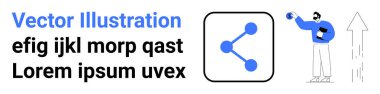 Ağ, veri paylaşımı, iletişim, sosyal medya, teknoloji, dijital büyüme. Veri sembolü ve yukarı doğru ok ile etkileşim halinde olan kişi. Ağ ve veri paylaşımı görselleştirmesi