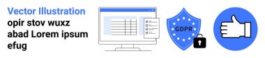 Veri koruması, gizlilik uyumu, siber güvenlik, çevrimiçi güvenlik, güvenli kimlik doğrulama ve yönetmelik uyumu. Bilgisayar görüntüsü, kilit ve GDPR mesajı olan bir kalkan ve bir onay simgesi. Veri