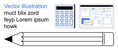 Eğitim, öğrenme araçları, ofis malzemeleri, online çalışma, yaratıcılık, teknoloji entegrasyonu. Kalem, hesap makinesi ve ekran arayüzü görselleri. Eğitim ve öğrenme araçları kavramı