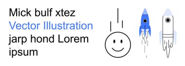 Uzay keşfi, yaratıcılık, grafik tasarım, soyut sanat, iletişim, web tasarımı. Gülen bir yüz, iki roket ve yer tutucu metin. Uzay keşfi ve yaratıcılık kavramları