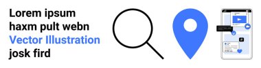 Çevrimiçi navigasyon, dijital arama, konum hizmetleri, web araçları, teknoloji entegrasyonu, mobil uygulamalar. Büyüteç, mavi pin telefon ekranı uygulama arayüzü gösteriyor. Çevrimiçi gezinme ve dijital