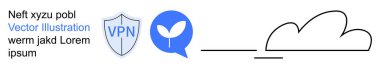 Dijital güvenlik, bulut depolama, ekolojik farkındalık, çevrimiçi iletişim, veri koruması, büyüme. VPN 'li bir kalkan, bir konuşma balonu filizi ve bir bulut çizgisi ikonu. Dijital güvenlik ve bulut depolama