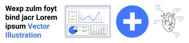 Veri paneli çizelgeleri, mavi bir tıbbi haç ve sağlık analizi, araştırma ve sağlık hizmetlerini temsil eden etiketli bir kalp diyagramı. Tıp, eğitim, analitik, araştırma uygulamaları için ideal