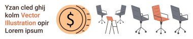 İş gelirleri, işyeri planlaması, ofis mobilyaları, finansal büyüme, iç tasarım, kurumsal kurulum. Bir dolar madeni para sembolünün yanına bir sürü ofis sandalyesi. İş gelirleri ve işyerleri