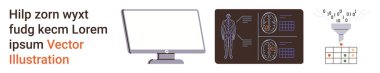 Yapay zeka, veri işleme, makine öğrenme, tıbbi görüntüleme, teknoloji, dijitalleştirme. Beyin taramalarını gösteren monitör, ikili huni veri ızgarası. Yapay zeka ve veri