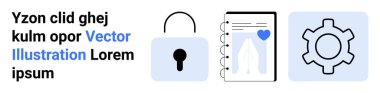 Asma kilit güvenliği simgeler, kalp işaretli defter planlamayı ve yaratıcılığı simgeler, dişli simgesi de işlem kontrolünü simgeler. Veri koruması, planlama, yaratıcılık, takım çalışması, teknoloji için ideal