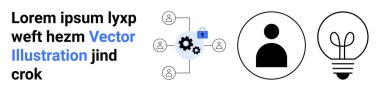 İş stratejisi, yenilik, ağ çözümleri, fikir üretimi, takım işbirliği, kişisel kimlik. İkonları birbirine bağlayan ikonlar, bir kullanıcı simgesi ve bir ampul. Ağ çözümleri ve yenilikleri