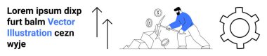 İnsan maddi çabayı simgeleyen madeni paralarla taş çakıyor. Yukarı doğru ok, dişli ve yer tutucu metni içerir. İş için ideal, üretkenlik, başarı, büyüme, finans stratejisi basit iniş