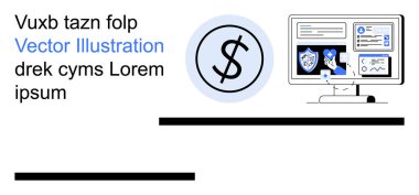 Finans, siber güvenlik, dijital ödeme, veri koruması, analitik, internet bankacılığı. Analiz ve güvenlik özelliklerini gösteren bir bilgisayar ekranının yanındaki sikke simgesi. Maliye ve siber güvenlik kavramı