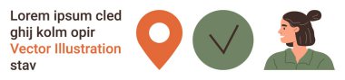 Navigasyon araçları, konum hizmetleri, doğrulama, kimlik, kullanıcı arayüzleri, teknoloji entegrasyonu. Turuncu lokasyon iğnesi, yeşil işaret ve sağa bakan kadın. Navigasyon araçları ve doğrulama