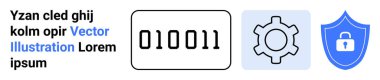 İkili kod bloğu, dişli ikonu ve kilitli kalkan siber güvenliği, kodlamayı ve teknolojiyi simgeliyor. Yazılım, veri koruması, IT servis yenilik programlama sistemi geliştirme için ideal