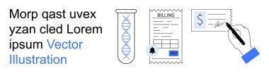 Finans, tıbbi fatura, biyoteknoloji, ödemeler, veriler ve araştırma. Üzerinde DNA olan bir test tüpü, fatura belgesi ve çek imzalayan bir el. Mali ve tıbbi fatura kavramları