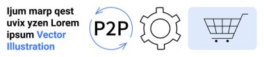 Soyut teçhizat, alışveriş arabası ve e-ticaret, teknoloji ve işbirliğini gösteren P2P döngü okları. Fintech, e-iş, otomasyon, yenilik takım çalışması için ideal basit P2P platformları