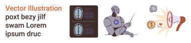 Yapay zeka teknolojisi, beyin araştırması, dijital pazarlama, yenilik, veri bilimi, otomasyon. Robot beyin arayüzlerini, iletişim simgelerini ve pazarlama görsellerini analiz ediyor. Yapay zeka teknolojisi ve beyin araştırması