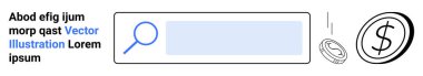 Çevrimiçi arama, e-ticaret, finansal tarama, dijital ekonomi, web sitesinde gezinme, arama optimizasyonu. Büyüteci ve bozuk parası olan bir arama çubuğu. Çevrimiçi arama ve e-ticaret kavramı