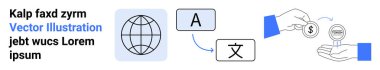 Dil çevirisi, döviz kuru, küresel iletişim, finansal işlemler, dijital ticaret, çok dilli hizmetler. Küresel ikon, dil sembolleri ve el değiştirme para birimi. Dil