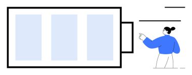 Enerji, teknoloji, yenilik, şarj, güç yönetimi, sürdürülebilirlik. Geniş çizgili batarya ve onu işaret eden biri. Enerji ve teknoloji kavramı