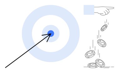 Finansal hedefler, strateji, iş başarısı, yatırım, ekonomi, kişisel finans. Tam ortasında ok olan bir hedef, işaret eden bir elden para akıyor. Mali hedefler ve strateji kavramı